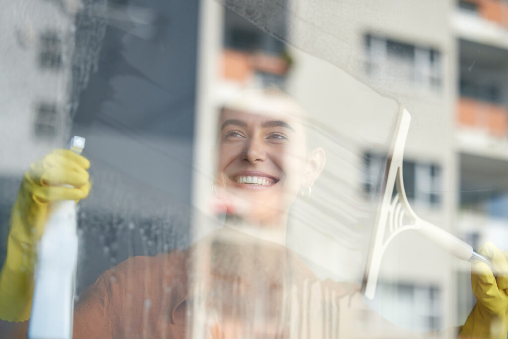 Best Practices for Cleaning Window Blinds: Expert Tips and Techniques 1 window cleaning smile happy woman home washing windows with glass cleaner helping working maid with spray detergent product house chores disinfectant wipe with sanitation soap