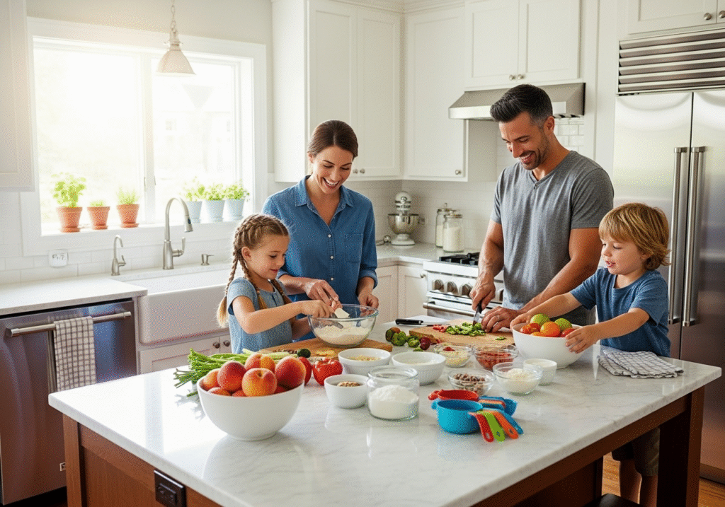 Ultimate Kitchen Cleaning Guide (2025): Steps + Checklist 8 A bright, panoramic shot of a beautifully clean kitchen with a family happily preparing food together. The scene is warm and inviting. Alt text: A happy Delaware family enjoying their home after a professional kitchen cleaning service