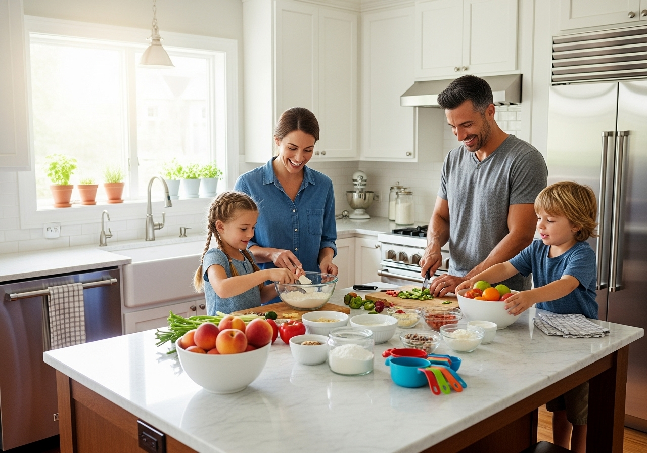 A bright, panoramic shot of a beautifully clean kitchen with a family happily preparing food together. The scene is warm and inviting. Alt text: A happy Delaware family enjoying their home after a professional kitchen cleaning service