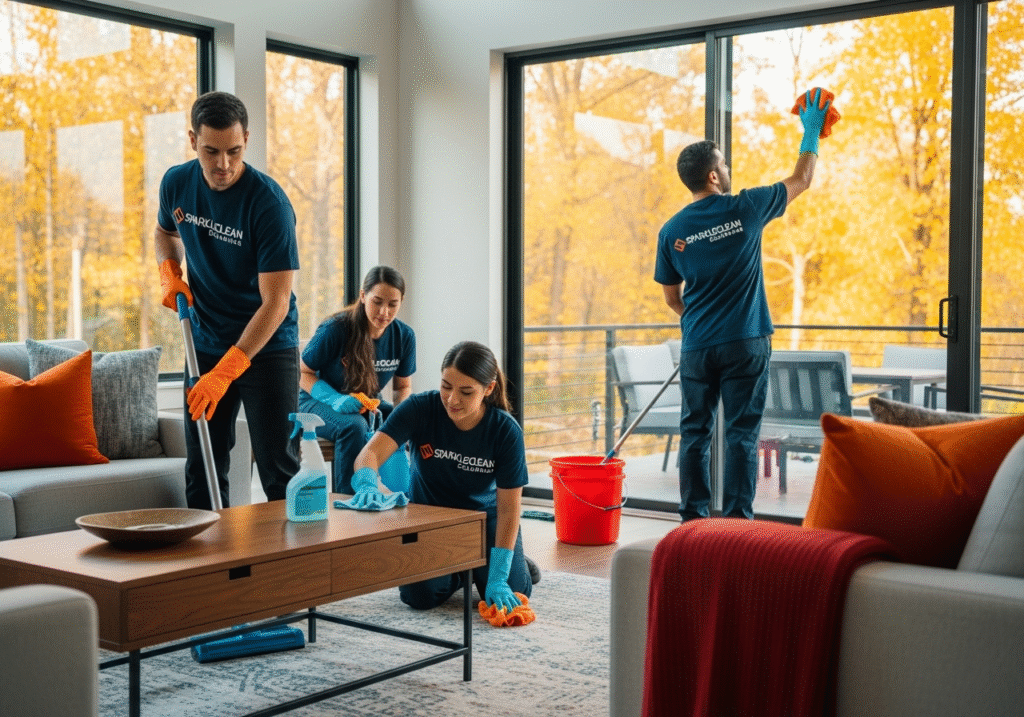 Deep Cleaning Services Delaware: 7 Amazing Fall Benefits 2 Professional deep cleaning services Delaware team cleaning a modern living room during fall season