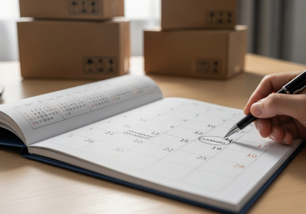 Move In Cleaning Middletown DE – Fast Service You Need 5 Calendar showing scheduled move in cleaning Middletown DE appointment with moving boxes in background