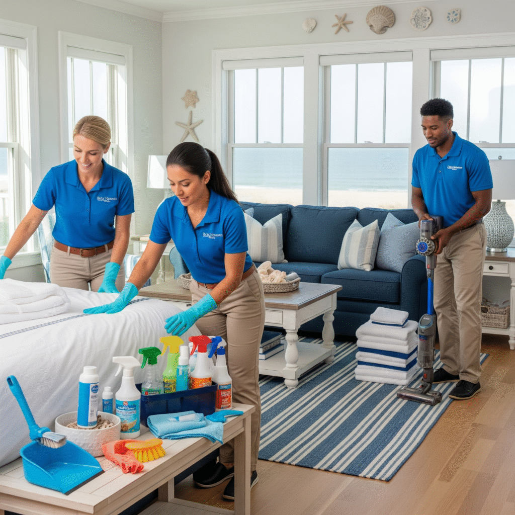 Professional Airbnb cleaning services Rehoboth Beach DE team preparing vacation rental with cleaning supplies and fresh linens