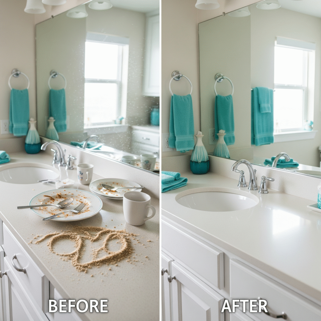 Before and after comparison of Airbnb cleaning services Rehoboth Beach DE results showing spotless kitchen and bathroom