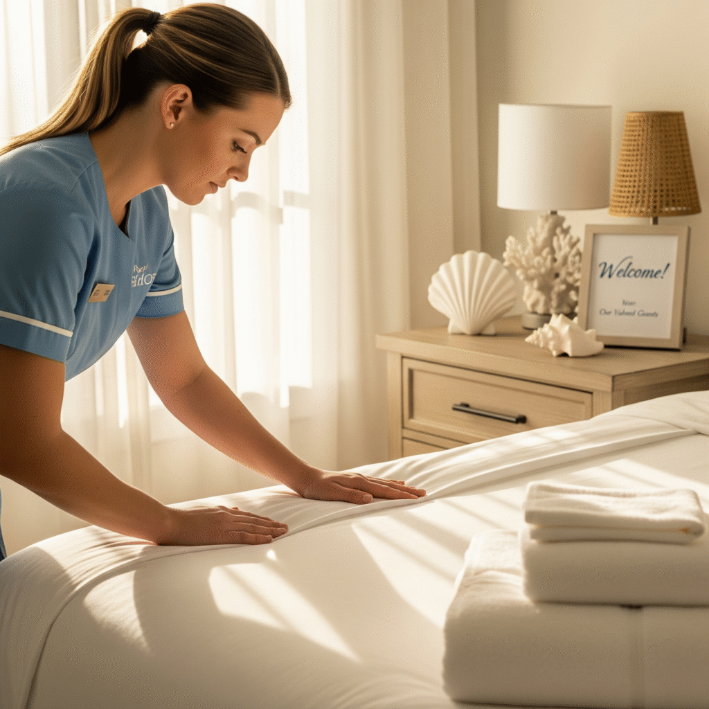 Airbnb cleaning services Rehoboth Beach DE professional preparing fresh linens and towels for vacation rental bedroom