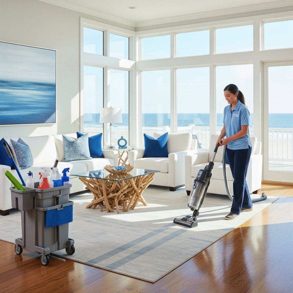 Professional from Airbnb cleaning services Rehoboth Beach DE team cleaning oceanfront vacation rental living room with beach view