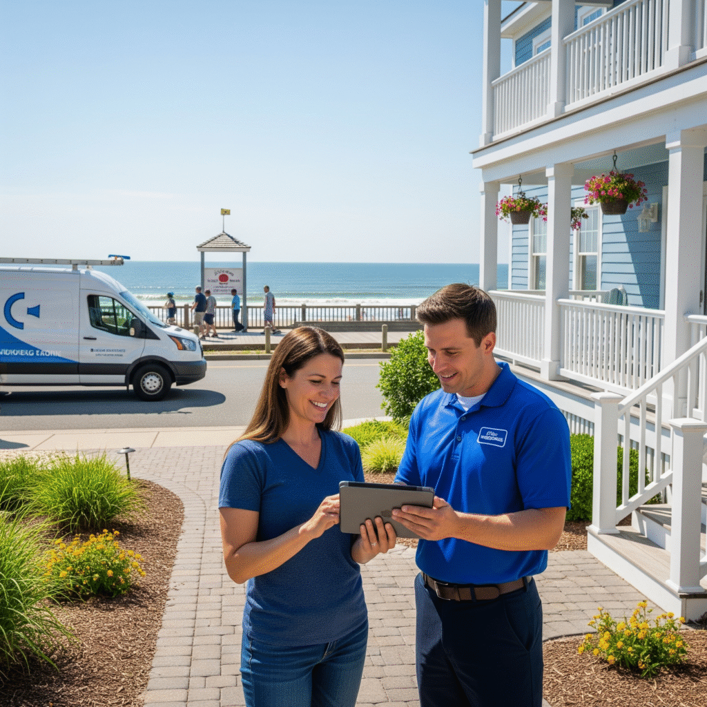 Satisfied Airbnb host reviewing cleaning checklist with Airbnb cleaning services Rehoboth Beach DE team member outside beachfront property