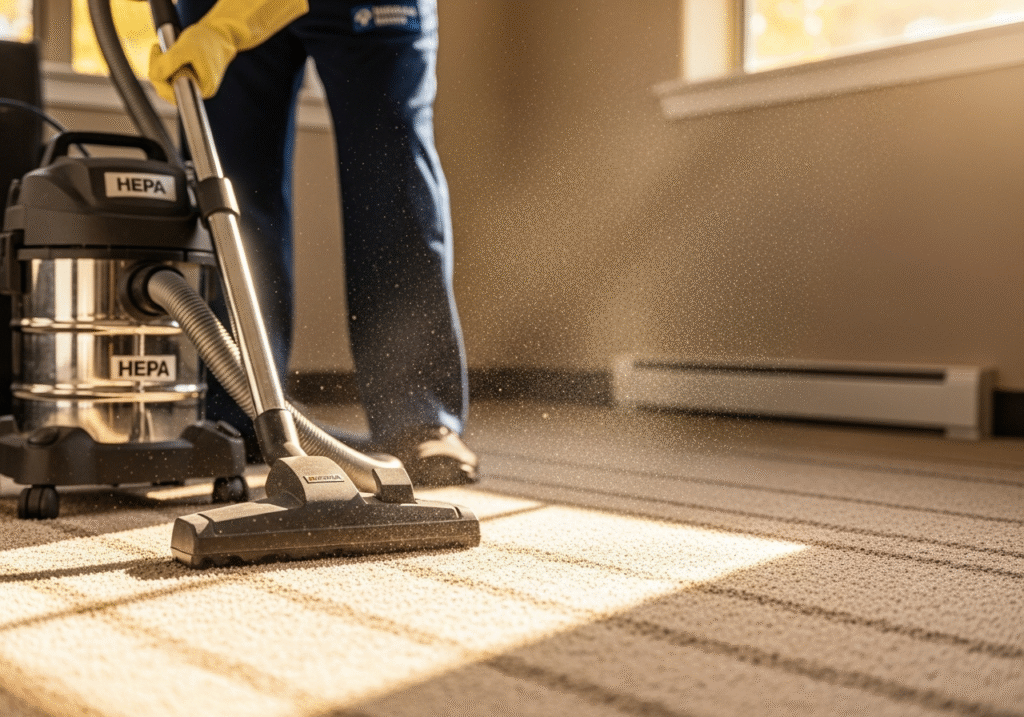 Deep Cleaning Services Delaware: 7 Amazing Fall Benefits 3 Deep cleaning services Delaware professional using HEPA vacuum on carpets removing fall allergens