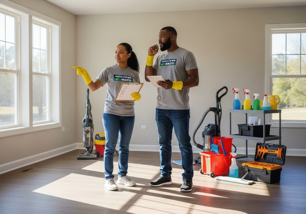 Move In Cleaning Middletown DE – Fast Service You Need 4 Move in cleaning Middletown DE team conducting initial property assessment with checklist and cleaning supplies