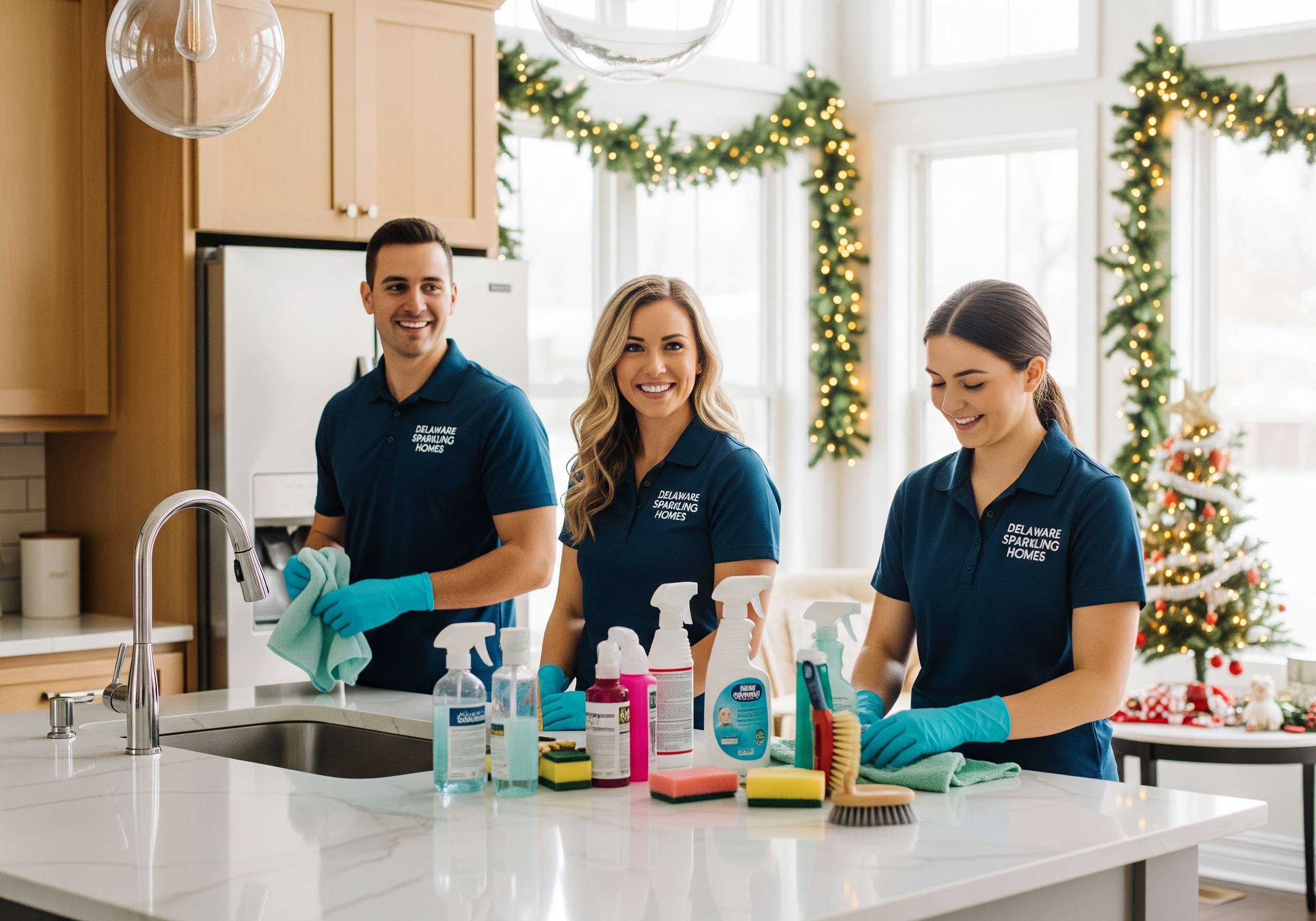 Deep Cleaning Services Delaware: 10 Essential Pre-Holiday Tips 1 Professional deep cleaning services Delaware team preparing home for holiday season with cleaning supplies and festive decorations