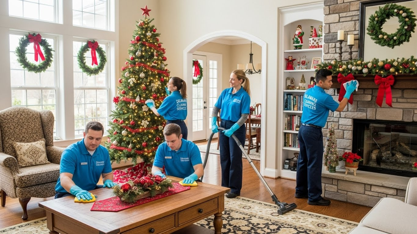 Professional cleaning team completing final touches for holiday deep cleaning Delaware service, multiple cleaners working in living area, satisfied homeowner observing, realistic completion scene with holiday decorations