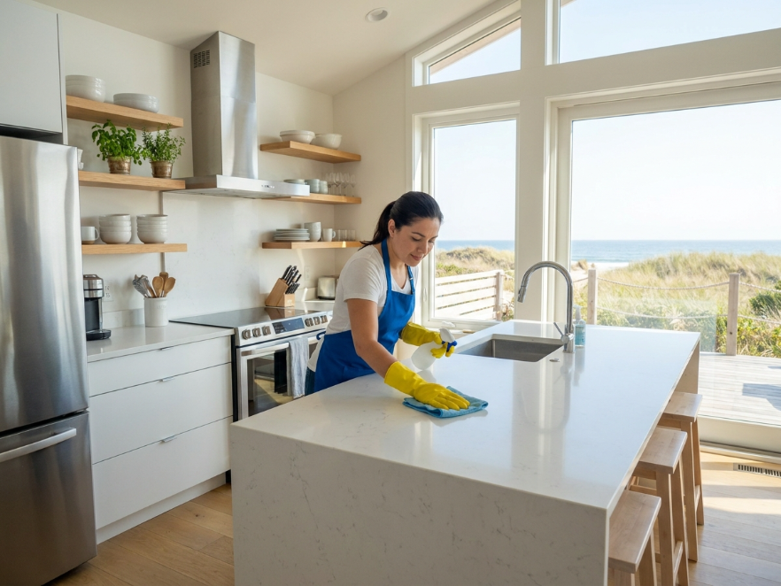 Airbnb cleaning service Delaware — professional cleaner wiping kitchen countertops in a vacation rental near Rehoboth Beach"