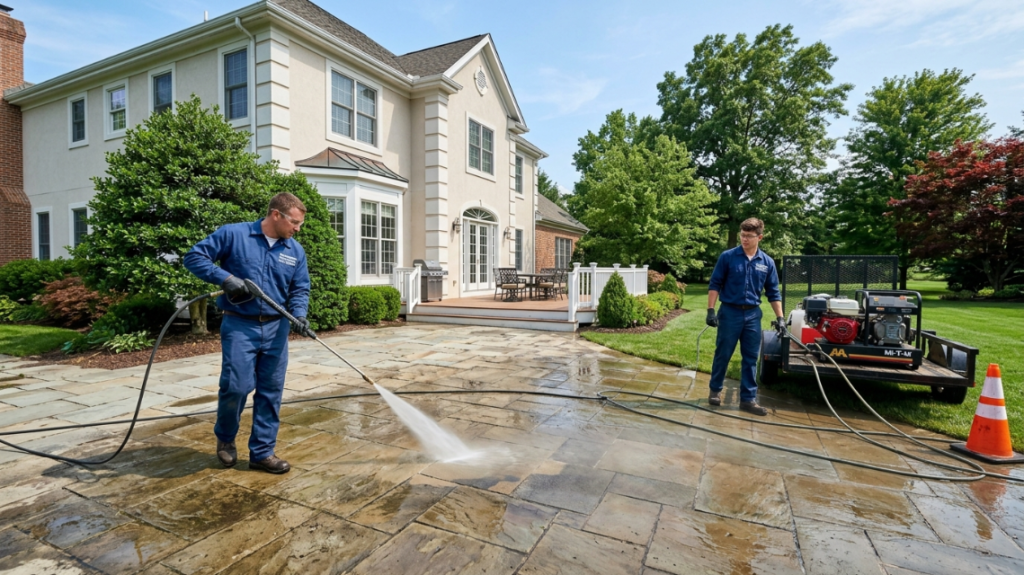 Deck and Patio Power Washing in Delaware: Cost and Process 3 Bruna's Cleaning Service team power washing a stone patio in Wilmington Delaware — deck patio power washing Delaware cost