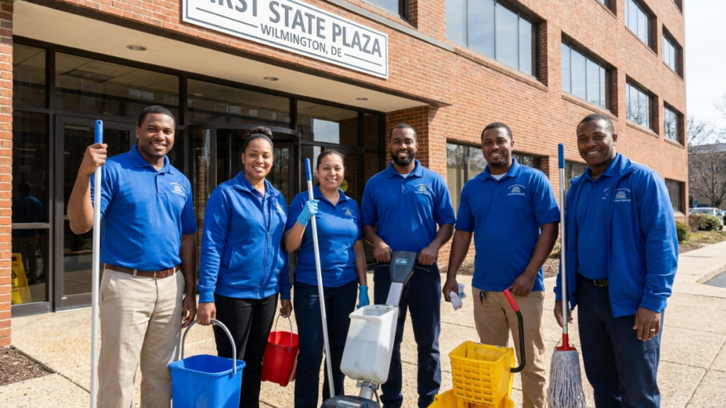 "Bruna's Cleaning Service team ready for office cleaning in Delaware"