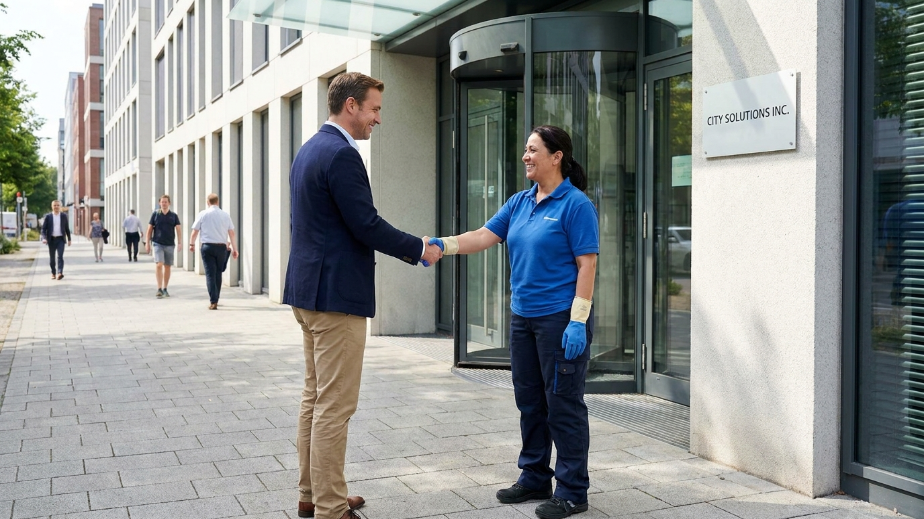 hiring office cleaning service Delaware what to look for happy business owner shaking hands with cleaning team