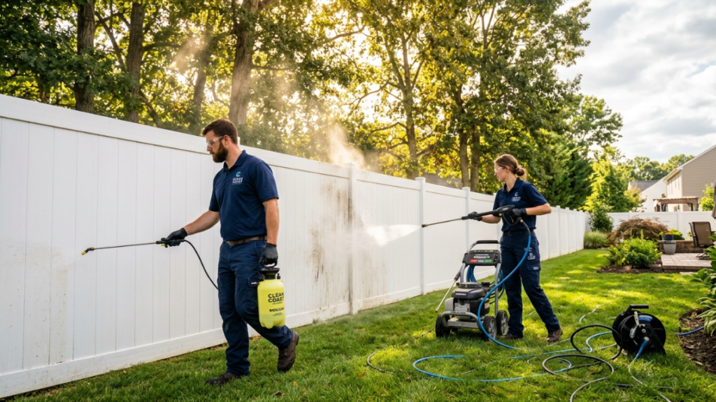Fence and Vinyl Siding Power Washing in Delaware: The Complete Homeowner's Guide 1 professional power washing team cleaning fence Delaware neighborhood