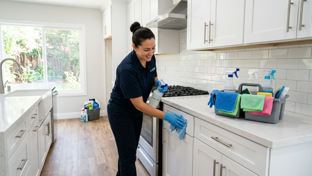 Post Construction Cleaning in Delaware: Cost and What's Included 2 Brunas Cleaning Service team sanitizing kitchen cabinets and counters after a Delaware home renovation