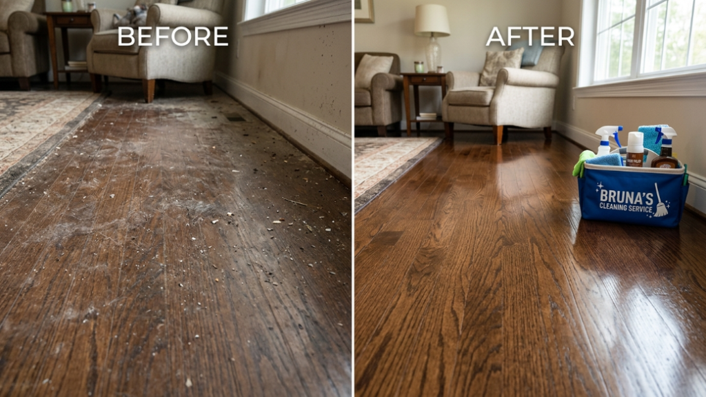 How Long Does Post Construction Cleaning Take Delaware? 1 before and after comparison of a Delaware living room floor after post construction cleaning