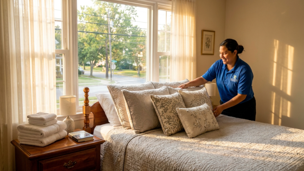 Cleaning technician finishing a bedroom in a Delaware home"
