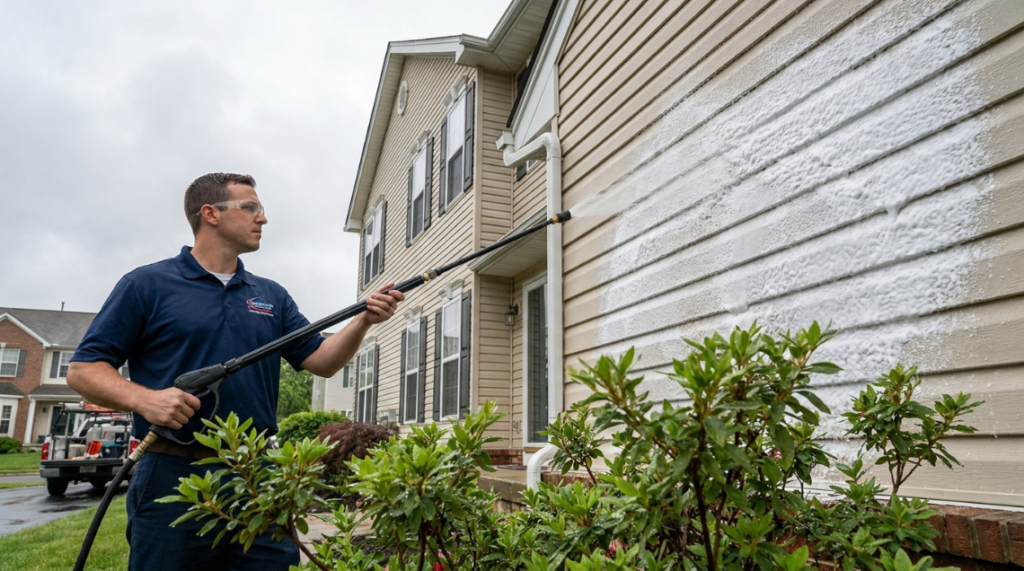 Close-up of black algae streaks on an asphalt shingle roof in Delaware before soft wash roof cleaning
