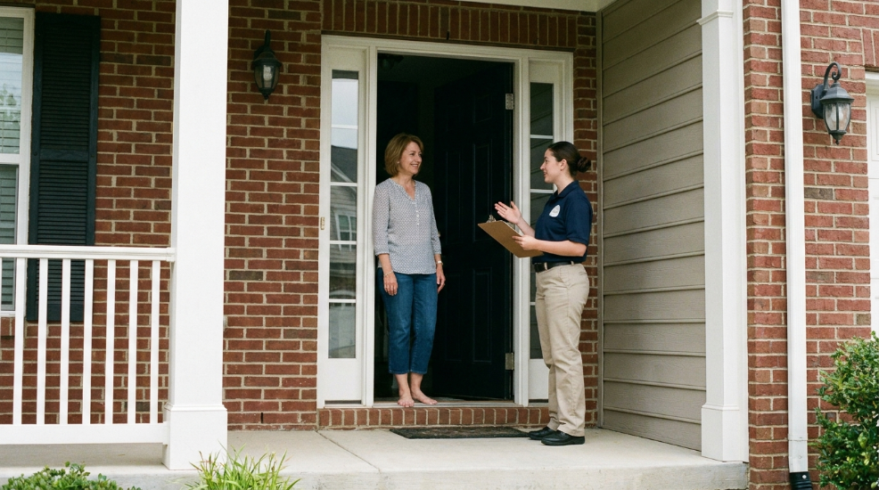 Bonded vs. Insured vs. Background-Checked Cleaners: What Each Term Actually Protects 1 Homeowner and cleaning company representative talking at the front door before a first visit