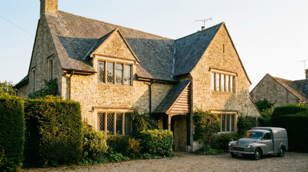 Exterior of a historic stone Tudor home on the Main Line in Villanova on a clear morning